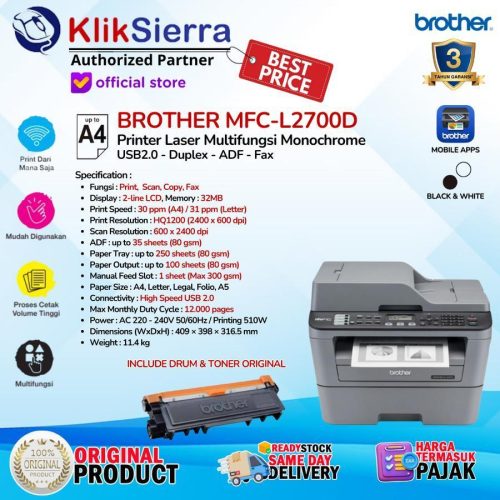 BROTHER MFC-L2700D L2700D L2700 Duplex LAN Ethernet FAX 30ppm Laser Monochrome All In One Multifunction with ADF – DCP-L2540DW L2540 Duplex WiFi