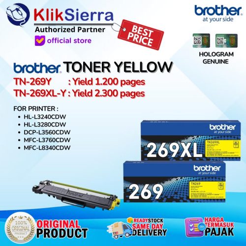 BROTHER ORIGINAL TONER TN269 | TN269Y | TN-269Y | TN269XL | TN-269XLY | TN269XLY | TN-269XL-Y YELLOW KUNING For Printer HL-L3240CDW | HL-L3280CDW | DCP-L3560CDW | MFC-L3760CDW | MFC-L8340CDW