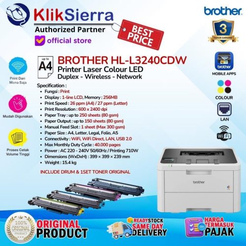 PRINTER BROTHER HL-L3240CDW L3240 Pengganti HL-L3230CDN – Printer Laser Colour LED 26 ppm Duplex Wireless WiFi LAN Ethernet & HL-L3280CDW L3280 – Garansi Resmi 3 Tahun