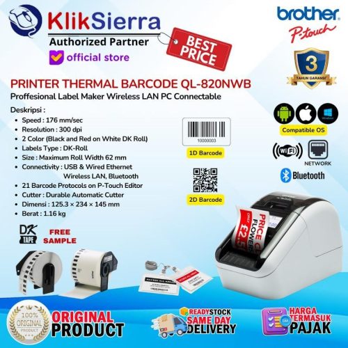 Printer Label BROTHER QL-820NWB | QL820 | QL-820 Wireless WIFi LAN Network Bluetooth & QL800 | QL-800 USB – PTouch Label Printer Barcode – Printer Struk Stiker | Printer Thermal | Printer Resi Online – Garansi Resmi 3 Tahun