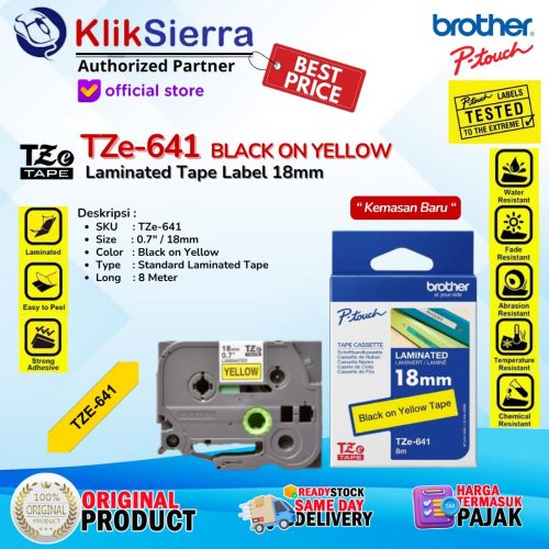 BROTHER ORIGINAL Tape Label 18mm TZe-641 TZe641 Black on Yellow | TZe-141 TZe141 | TZe-241 TZe241 | TZe-441 TZe441 | TZe-541 TZe541 | TZe-741 TZe741 | TZe-345 TZe345 Tahan Air Waterproof For Printer PTouch PT-D460BT D610BT P710BT P750W P900W P950NW